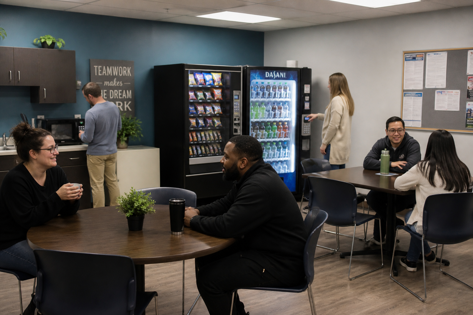 Office break room with vending machines